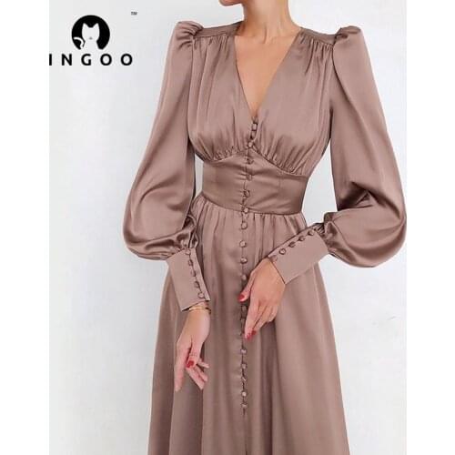 INGOO Satin Vintage Lantern Sleeve Dress Women Single Breasted Sexy Party High Waist Slim Midi Dresses Elegance V Neck Clubwear