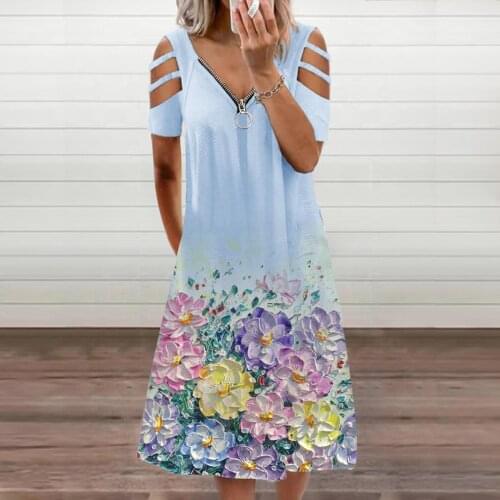 P винтажное платье rinted Short-sleeved Dress Floral Zipper Feminine Summer 2021v Collar Casual Elegant Retro Plus Size