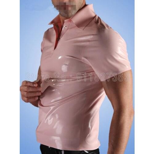 100% Handmade Latex Men Classic Short Sleeves Uniform Clothes Male Maid Costume Tops Rubber Shirt