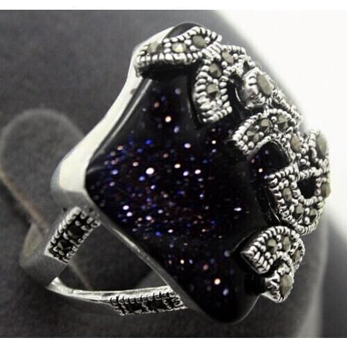22X20mm 925 Sterling Silver Blue Gold jade Marcasite Ring Size 7/8/9/10