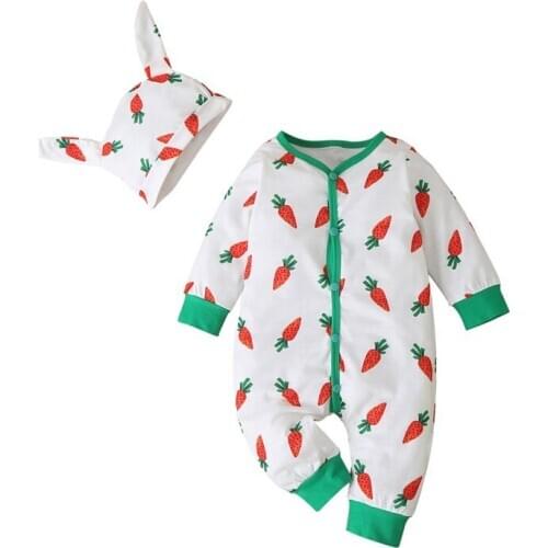 Cute Baby Romper Set Girl Boy Girl Outfits Sets Infant Cotton Long Sleeve Carrot Print Romper + Hat 2 Pcs Set Ins