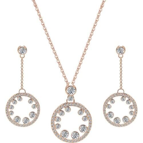 Hot Sale Simple Rose Gold Color Earrings Necklace Set Statement For Fashion Women Party Shiny Crystal Jewelry Set Collier Colar