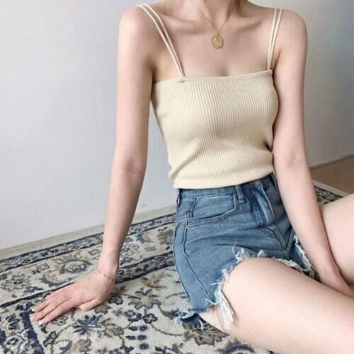 Korean Minimalist Women Sleeveless Ribbed Knit Vest Double Spaghetti Straps Plain Solid Color Camisole Casual Slim Tube Tank Top