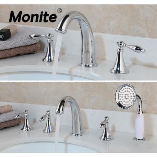 Monite 5 Pcs Bathroom Bathtub Faucet Shower Set Solid Brass Deck Mount Chrome Polish 2 Handles 3 Pcs Bathtub Basin Mixer Faucet