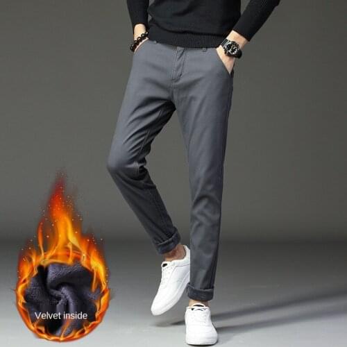 Mens winter Fleece Fluff Thicken warm Casual Pants men Business Straight Elastic Thick Plaid cotton Black Gray trousers male
