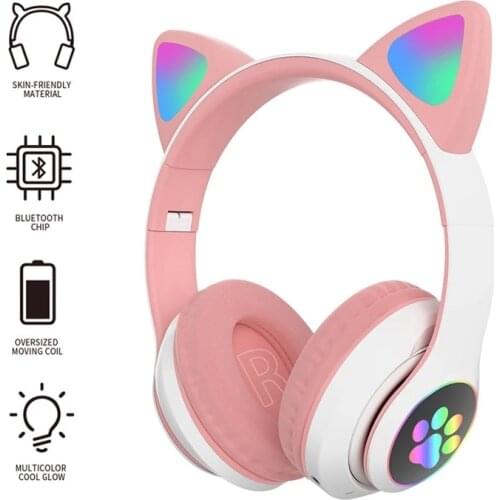 Cute Cat Ears Wireless Headphones With Flash Light Microphone Kid Girl Stereo Music Helmet Bluetooth Headset Earphones Gifts