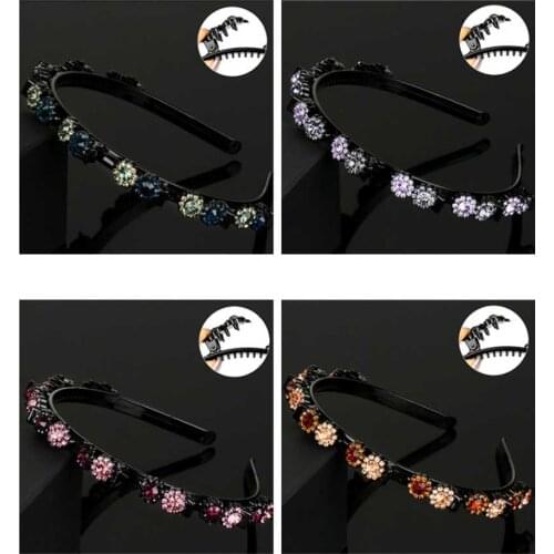 Non-Slip Hairband Rhinestone Flower Headband for Women Hairbands Bezel with Clips Double Bangs Hairpin Hair Accessories