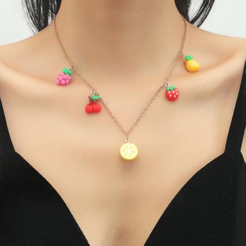 New Fashion Acrylic Red Strawberry Cherry Grape Fruit Pendant Necklace For Women Summer Beach Jewelry Birthday Gifts To Friends
