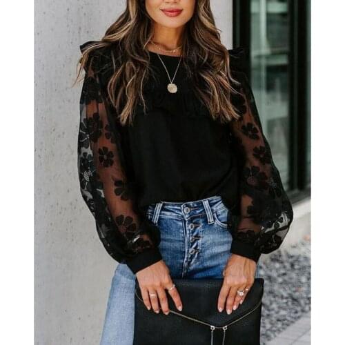 IMCUTE Y2K mesh stitching transparent T-shirt womens sexy O-neck lace long-sleeved shirt floral puff sleeve ruffled pullover
