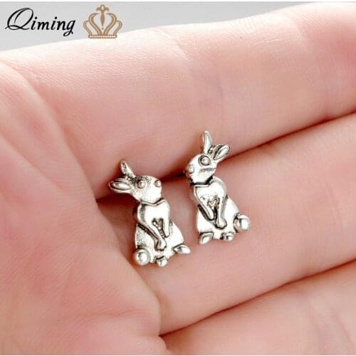 QIMING Vegan Rabbit Bunny Stud Earrings Cute Lovely Animal Antique Silver Statement Fashion Earring Ears Jewelry