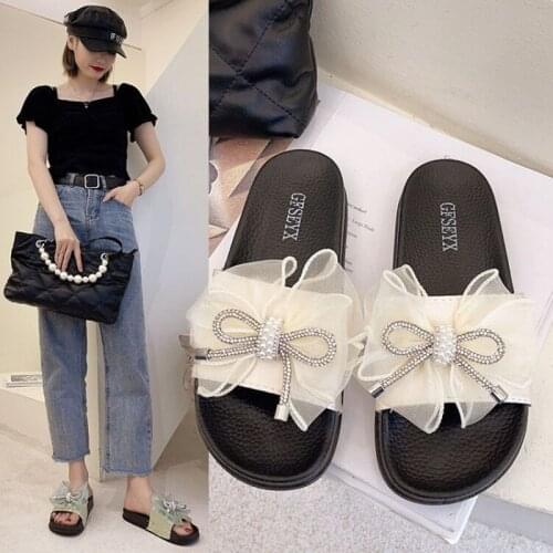 Sweet lace bow flat sandals women crystal bow slippers female summer platform shoes pearl beading slides sandalias big size43 44