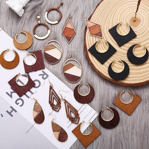 Classic Natural Wood Hollow Dangle Earrings For Women Fashion 3 Color Splice Geometric Drop Earring 2021 New Design Jewelry