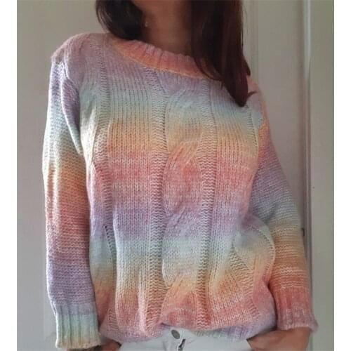 Sweater Women Rainbow Striped Print Knitted Fashion Loose O Neck Pullovers Female Fall Winter Soft Warm Thick Lady Top