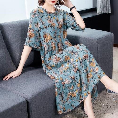 Loose Plus Size Blue Print Mulberry Silk Midi Dress 2021 Summer Casual Beach Vintage Dress Elegant Women Bodycon Vestidos Y813