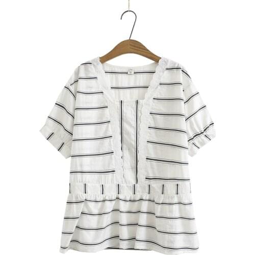 Plus Size Womens Short Sleeve Stripe Tshirts Casual Cute Summer Tops Ladies' Full Cotton Oversized Shirts