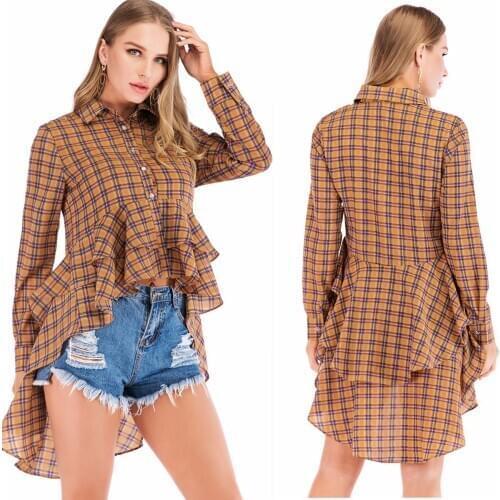 Women Summer shirt 2020 Fashion check Shirt Long Sleeve Casual Tops Tees -shirt Camisas Mujer Front short rear length