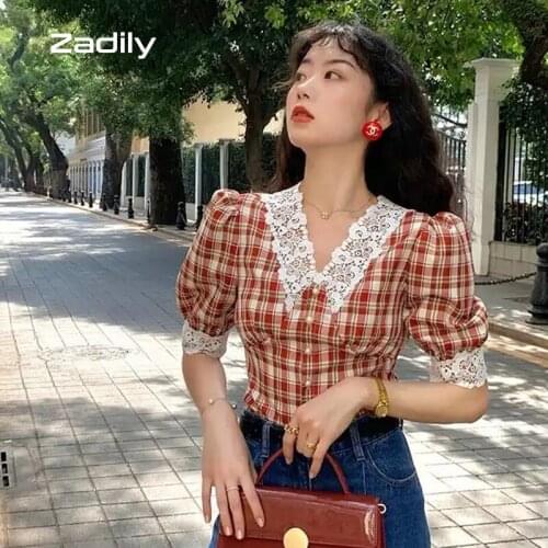 Zadily 2021 Autumn Chic Vintage Half Sleeve Women Tunic Shirt Sweet Button Up Plaid V Neck Lace Short Blouse Daily Female Clothe