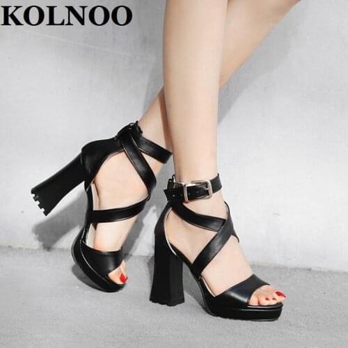 KOLNOO Handmade Womens 11cm Super Thick Heels Sandals Cross-Buckle Straps Sexy Summer Evening Party Prom Fashion Daily Shoes