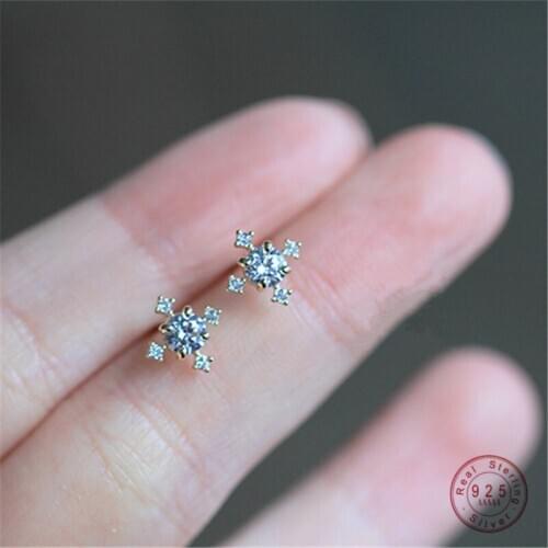 925 Sterling Silver 14K Gold Court Crystal Snowflake Stud Earrings Women Korean Temperament Wedding Jewelry Girlfriend Gift
