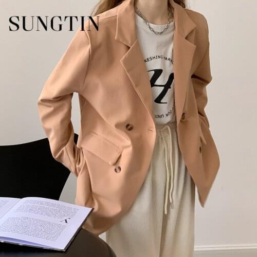 Sungtin Korean Casual Blazer Jackets Women Office Lady Loose Work Blazer Suit Coat Solid Vintage Elegant Outwear Colorful 2021