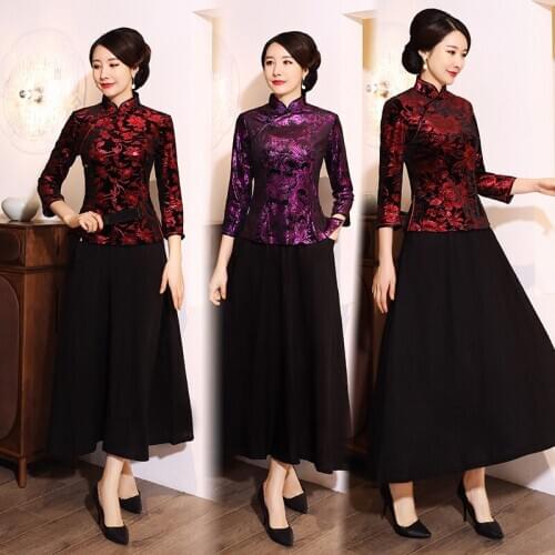 Spring Autumn Winter Velvet Cheongsam Qipao Female Short Section Seven-Point Sleeve Retro Tang Suit Shirt Female Evening Dress