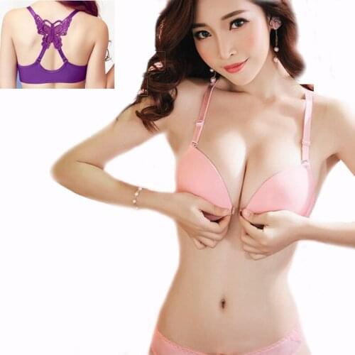 Women Front Closure Bra Plus Size Sexy Butterfly Back Female Lace Lingerie Push Up Underwire Bra Set with Panties Free Shipping