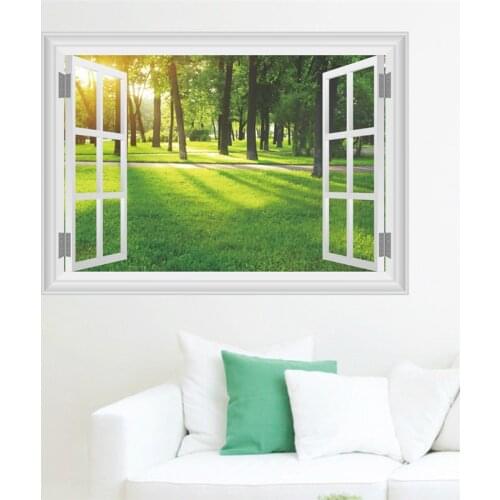 Forest Tree Sunshine 3d Window Wall Stickers Living Room Bedroom Decoration Natural Scenery Pastoral Mural Art Diy Home Decals