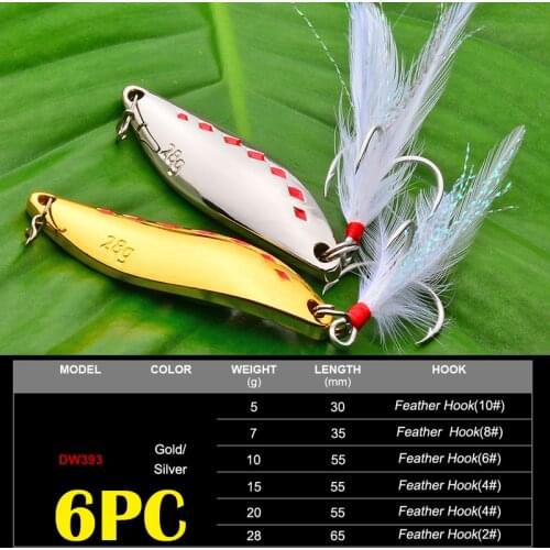 6pc/lot Spoon Baits Fishing Lures 28g-20g-15g-10g-7g-5g Metal Fishing Bait Silver/Gold Feather Hook Fishing Tackle