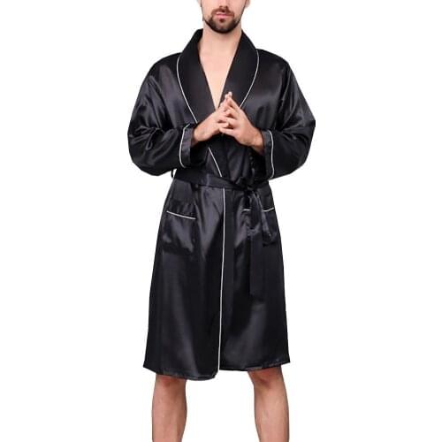 Bath Robe Men Summer Imitation Silk with Pockets Waist Belt Bath Robe Home Gown Sleepwear Dropshipping