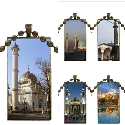 Bronze Color Glass Cabochon With Rectangle Shaped Pendant Choker Necklace For Women Kids Islam Allah Albania