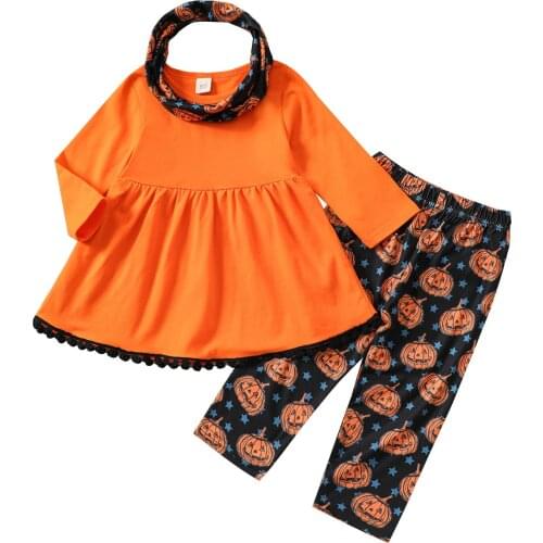 6M-4Y Kids Baby Girls Halloween Clothes Set Solid Color Long Sleeve O-neck Pullover + Pumpkin Print Trousers + Scarf 3Pcs Outfit