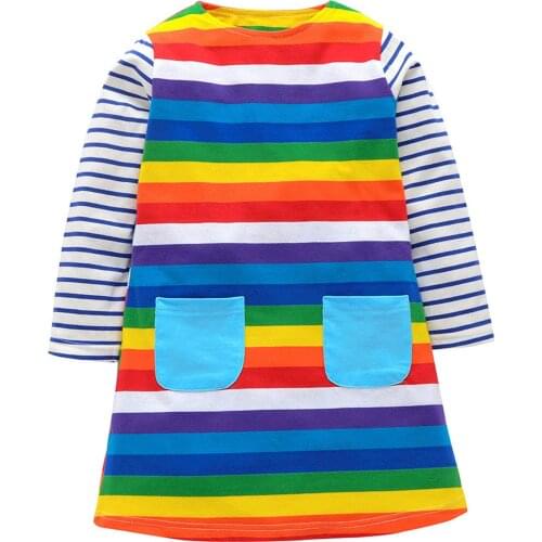 #VW Children Kids Girls Dress Long sleeve O-Neck Warm Striped Rainbow Print Dress Pockets Princess Dress vestido niña verano