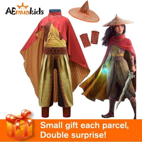 Disney Movie Raya Girls Anime Raya and The Last Dragon Cosplay Halloween Party Princess Dresses Childrens Clothing with Hat