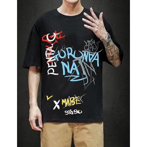 April MOMO 2021 New Mens Summer Letter Graffiti Print T-Shirt Youth Fashion Short Sleeve Loose Cotton Shirt