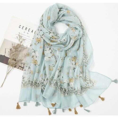 Print Floral Cotton Hijab Womens Cotton Linen Scarf Womens Headscarf Handkerchief Uneven Spain Scarves for Spring Tassel Wrap