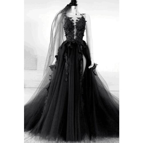 Black Tulle Flowers Prom Dresses 2021 Sheer Neck Back High Split Side Formal Evening Party Ball Gown Dress Robe De Soiree