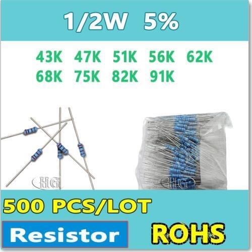 JASNPROSMA 500PCS/LOT 5% 1/2W 43K 47K 51K 56K 62K 68K 75K 82K 91K carbon film DIP OHM Resistor