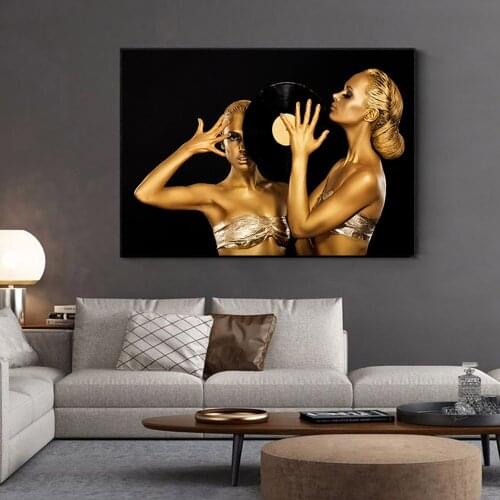 Print and spray painting Two Sexy Gold Women Modern Wall Art Picture Scandinavian Character Portrait for Living Room Home Decor