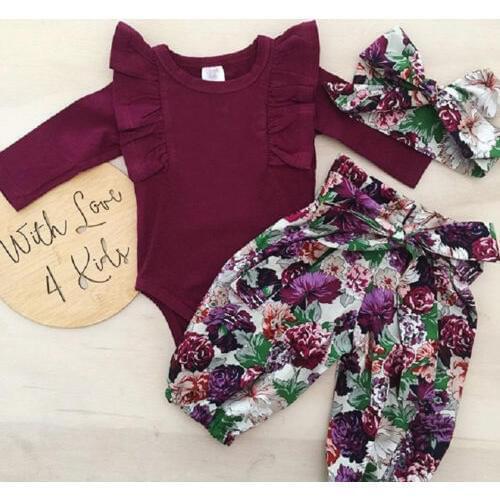 Newborn Infant Baby Girls Tops Romper Floral Pants Headband Outfit Clothes