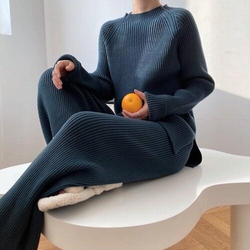 Top Suit Sweater In Solid 4/colors Round Neck Side Slit Knitted Sweater All-match Drape Wide-leg Pants Trousers Two-piece Suit