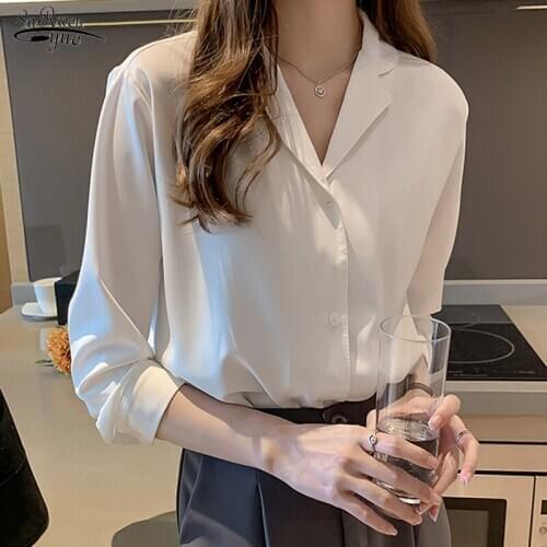 Korean V-neck Shirts Women Long Sleeve Cardigan Clothing 2021 Women Chiffon Blouse Solid Blusas Blusas Mujer De Moda 9380 50