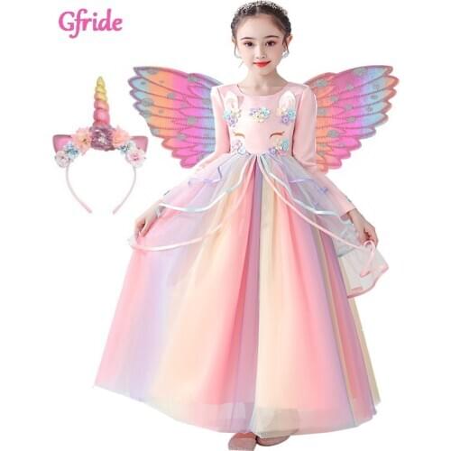 Flower Girls Rainbow Unicorn Costume Kids Cosplay Wedding Party Elegant Formal Ball Gown Long Dresses Dance Performance Clothing