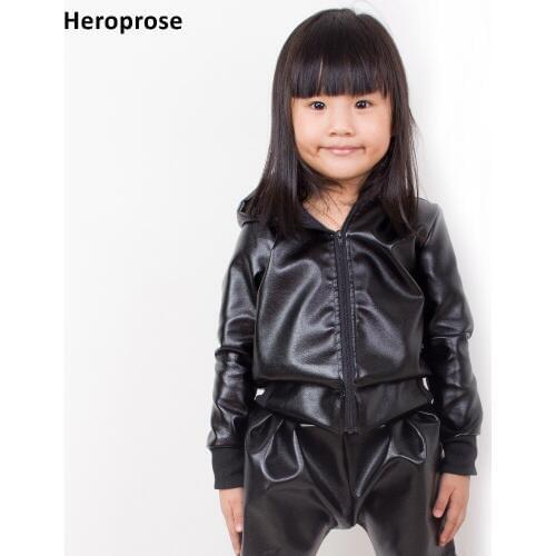 2018 Spring Autumn Kids Adults Faux Leather bomber Jacket Stage Performance Tops feminina casaco Black Hip Hop dance coat