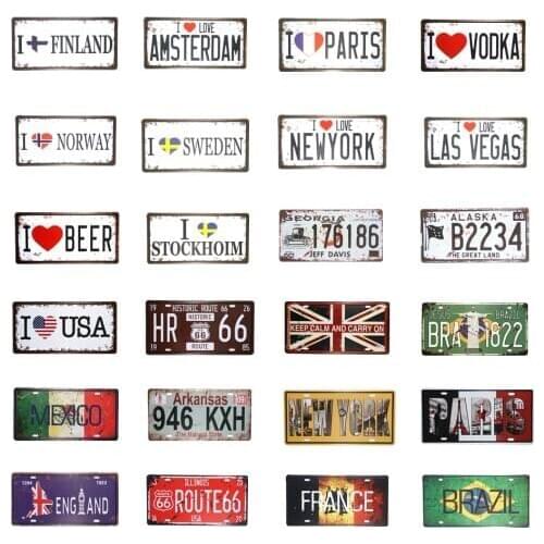 Metal Tin Signs Vintage Country City Name Sign Car License Plates Plaques Pub Cafe Restaurant Garage Decor Wall Sticker Posters