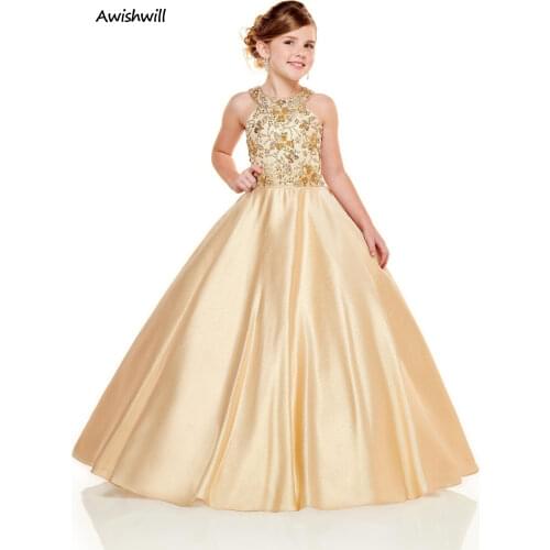 New Arrival Lovely Holy Gold Beaded Flower Girl Dresses Kid Birthday Gowns