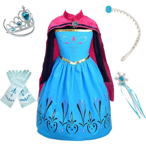 Anna Dress Little Girl Blue Princess Snow Queen 2 Elsa Costume with Cloak Children Christmas Birthday Carnival Party Clothing