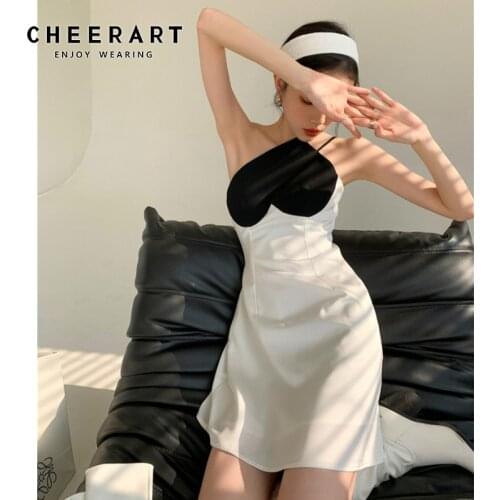 CHEERART Spade Patchwork Spaghetti Strap Cami Dress Summer 2021 Tunic A Line Backless White Ladies Mini Sexy Club Dress