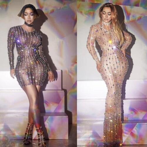 Luxury Party Evening Celebration Crystal Dress Women Sexy Bodycon Rhinestone Club Dress DJ Singer Stage Performance Costumes