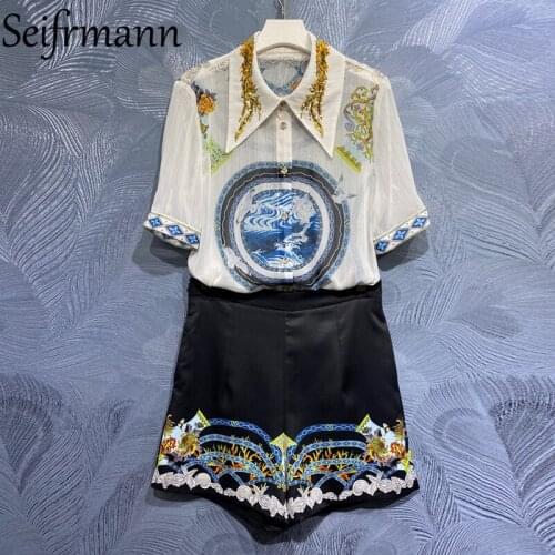 Seifrmann New 2021 Summer Women Fashion Designer Shorts Set Half Sleeve Loose Blouses + High Waist Vintage Print Shorts Suits
