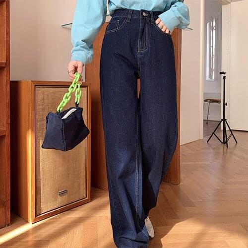 High Waist Loose Women Jeans Loose Straight Mother Jeans Blue Retro Streetwear 2021 Autumn and Winter Wide-leg Pants